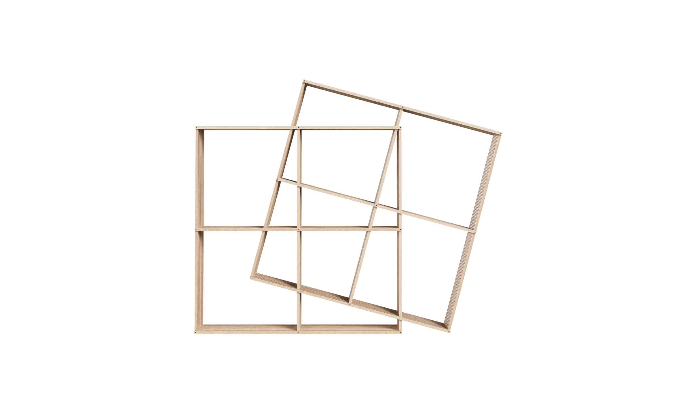 Bibliothèque X2 de Wewood en bois clair, vue inclinée sur structure géométrique moderne à niches carrées, fond blanc épuré