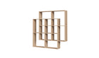 Bibliothèque X2 de Wewood en bois clair, vue en perspective gauche, structure modulaire à niches carrées, design graphique sur fond blanc