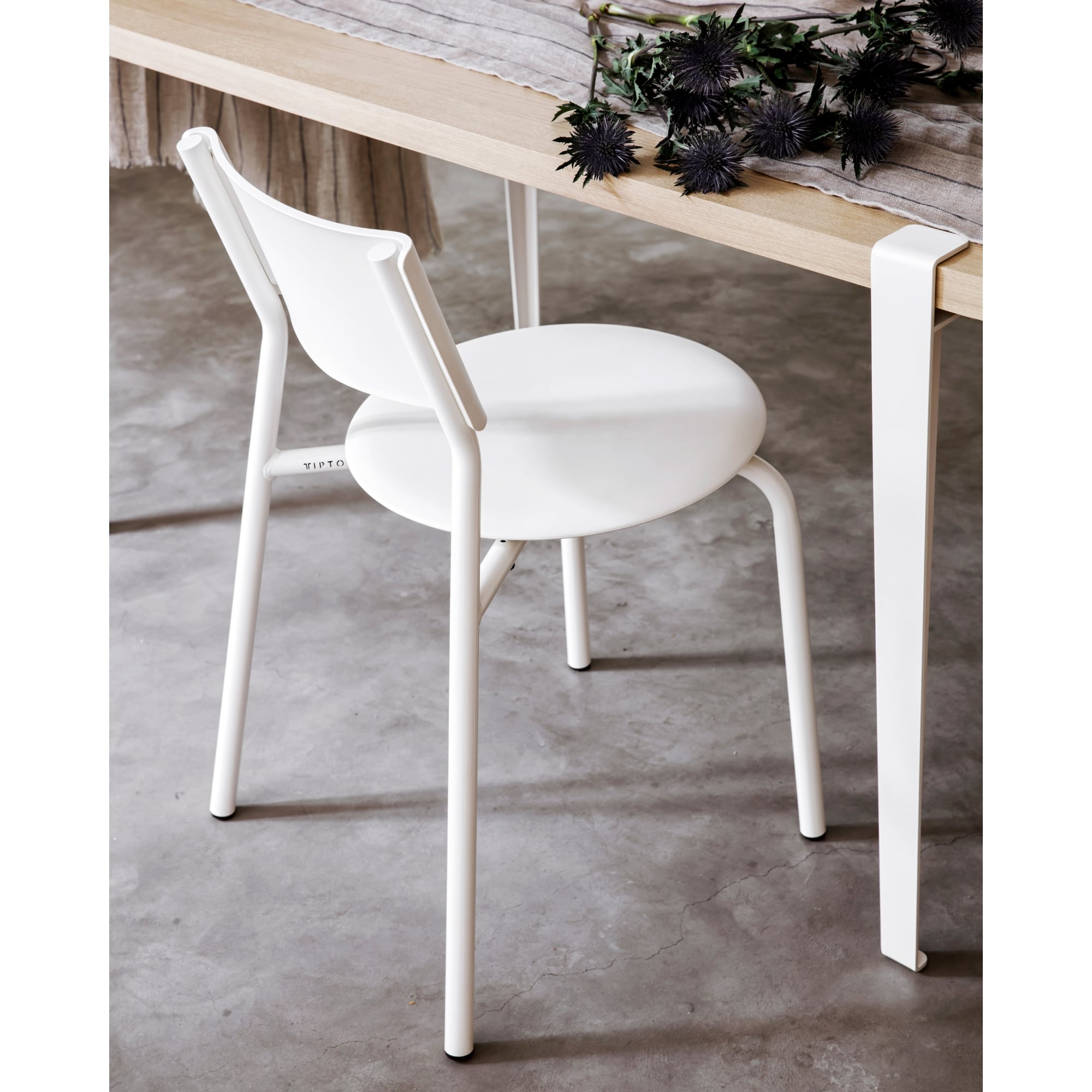 Chaise blanche en plastique recyclé avec une structure en métal blanc, disposée à côté d’une table en bois, ornée de plantes.