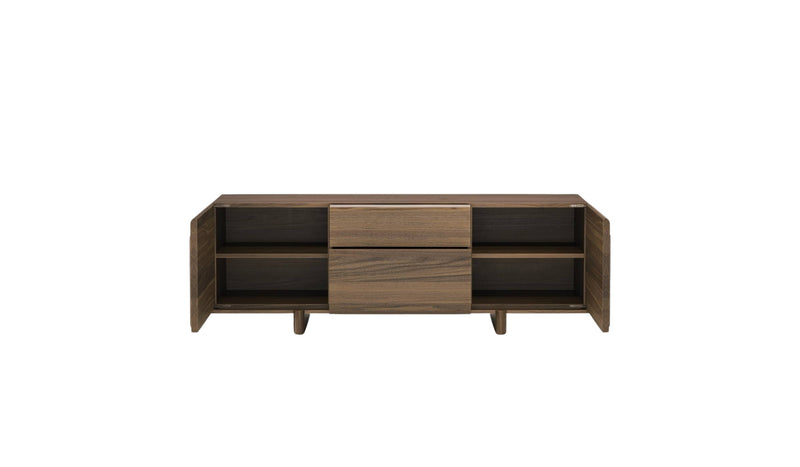 Buffet Brutalist en noyer massif par WeWood, vue de face avec portes ouvertes et deux tiroirs visibles