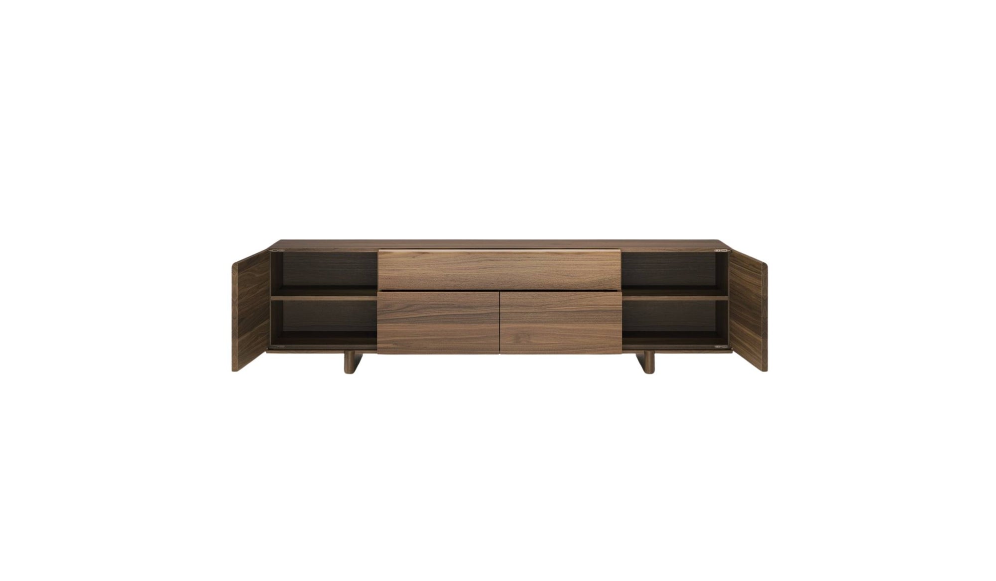 Buffet Brutalist en noyer massif par WeWood, vue de face avec les tiroirs ouverts et portes latérales ouvertes