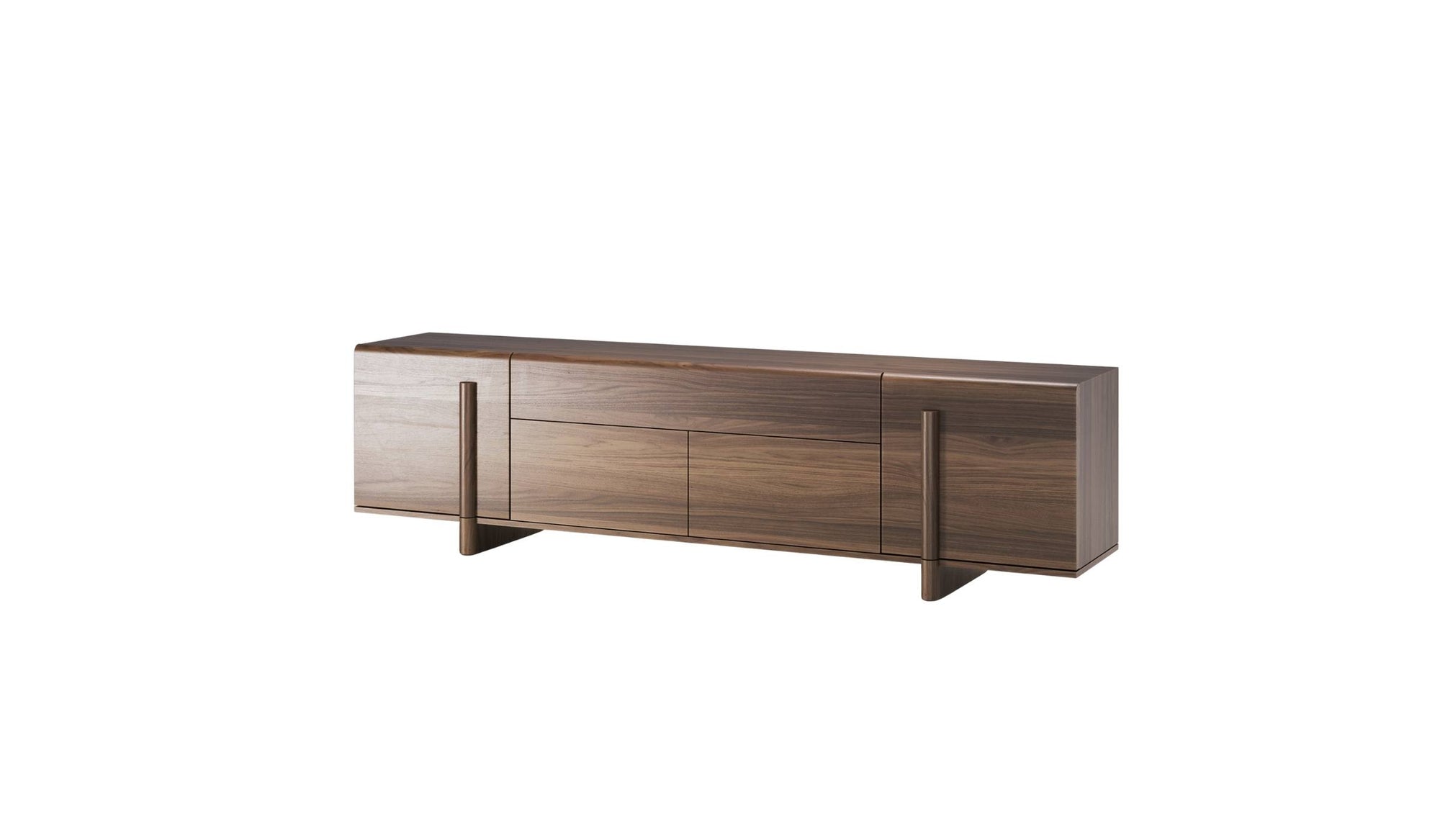 Grand buffet Brutalist en noyer massif foncé de WeWood, vue en perspective sur fond blanc