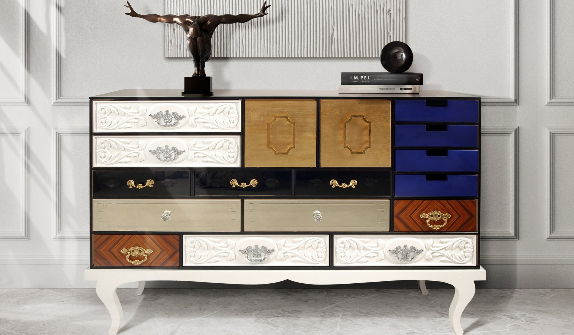 Soho - Multicolored sideboard in tempered glass and brass, luxury craftsmanship