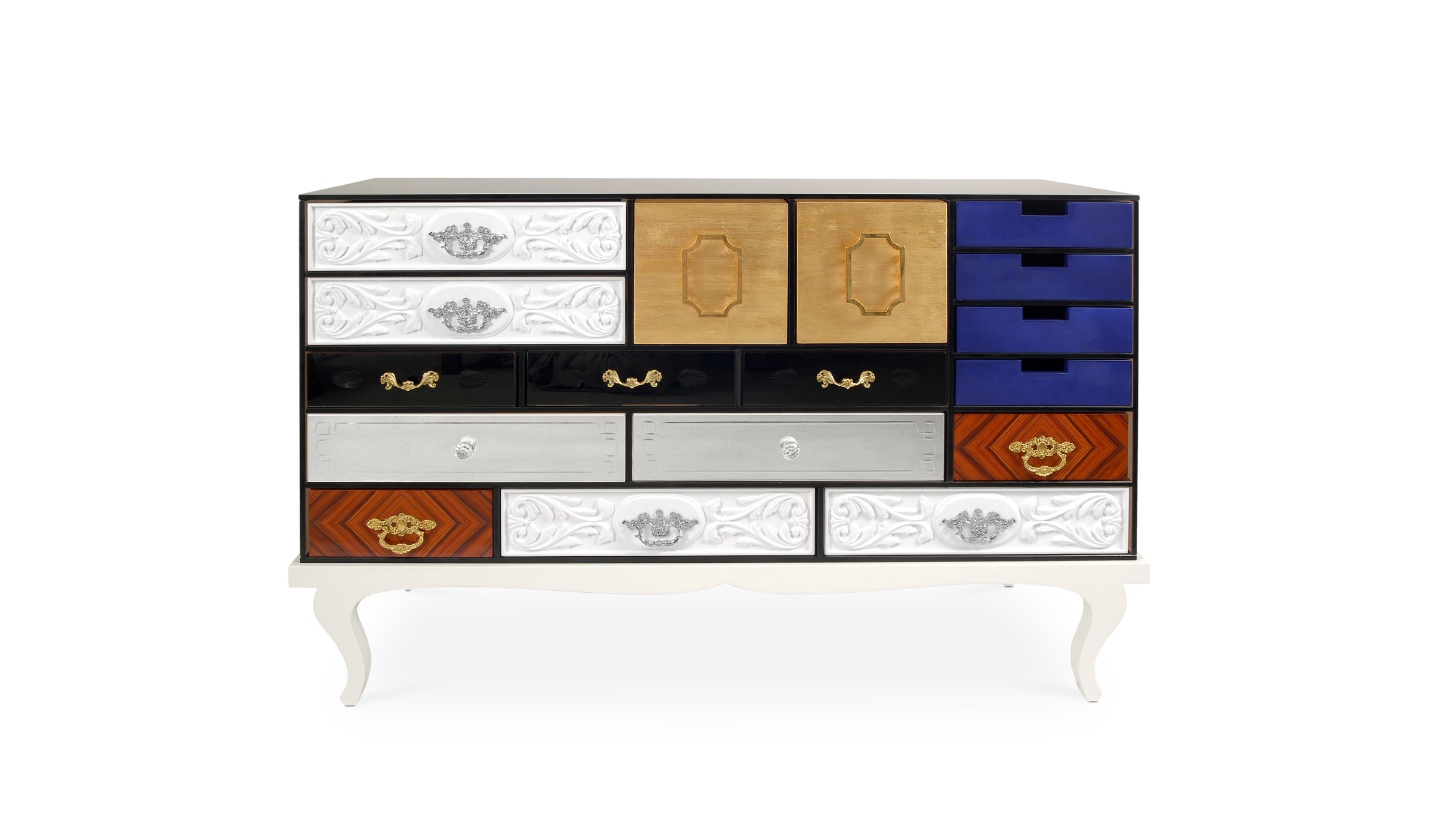 Soho - Multicolored sideboard in tempered glass and brass, luxury craftsmanship