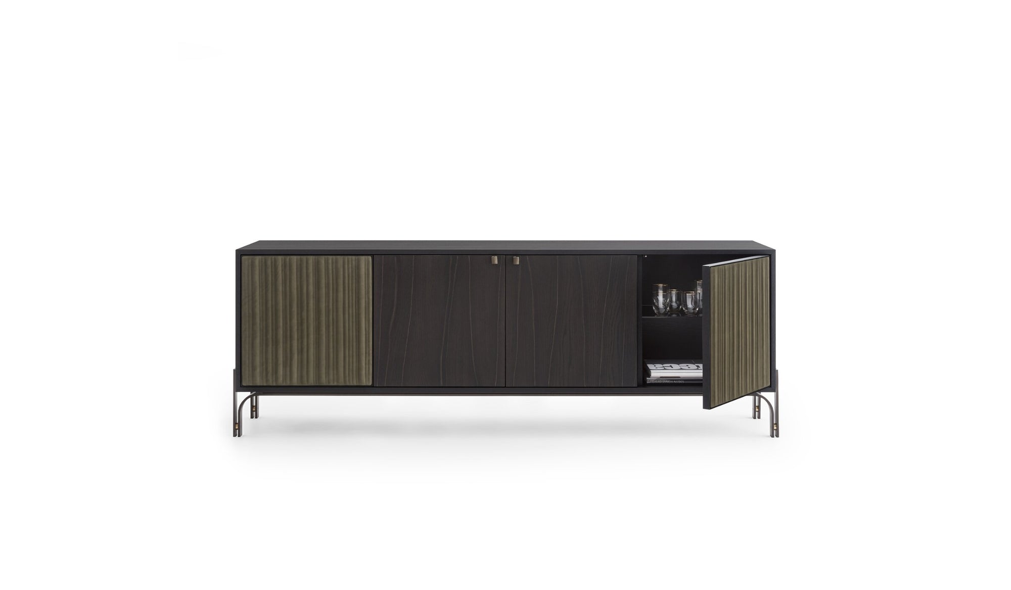 Canette wooden sideboard, 4 doors, oak &amp; sage nubuck leather