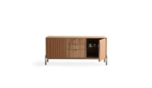 Buffet en bois Canette, 2 portes et tiroirs, noyer & cuir cognac