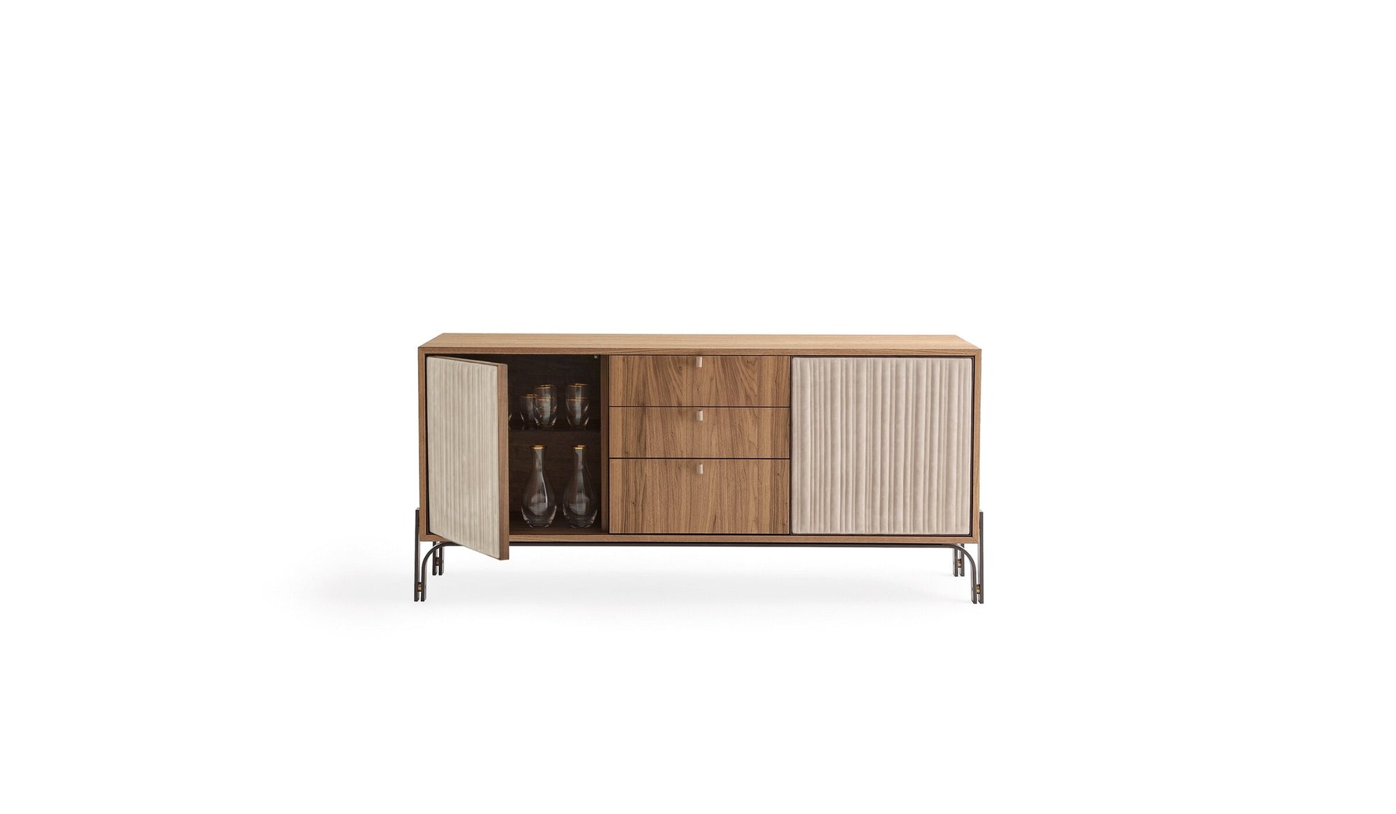 Canette wooden sideboard, 2 doors and drawers, walnut &amp; shell nubuck leather