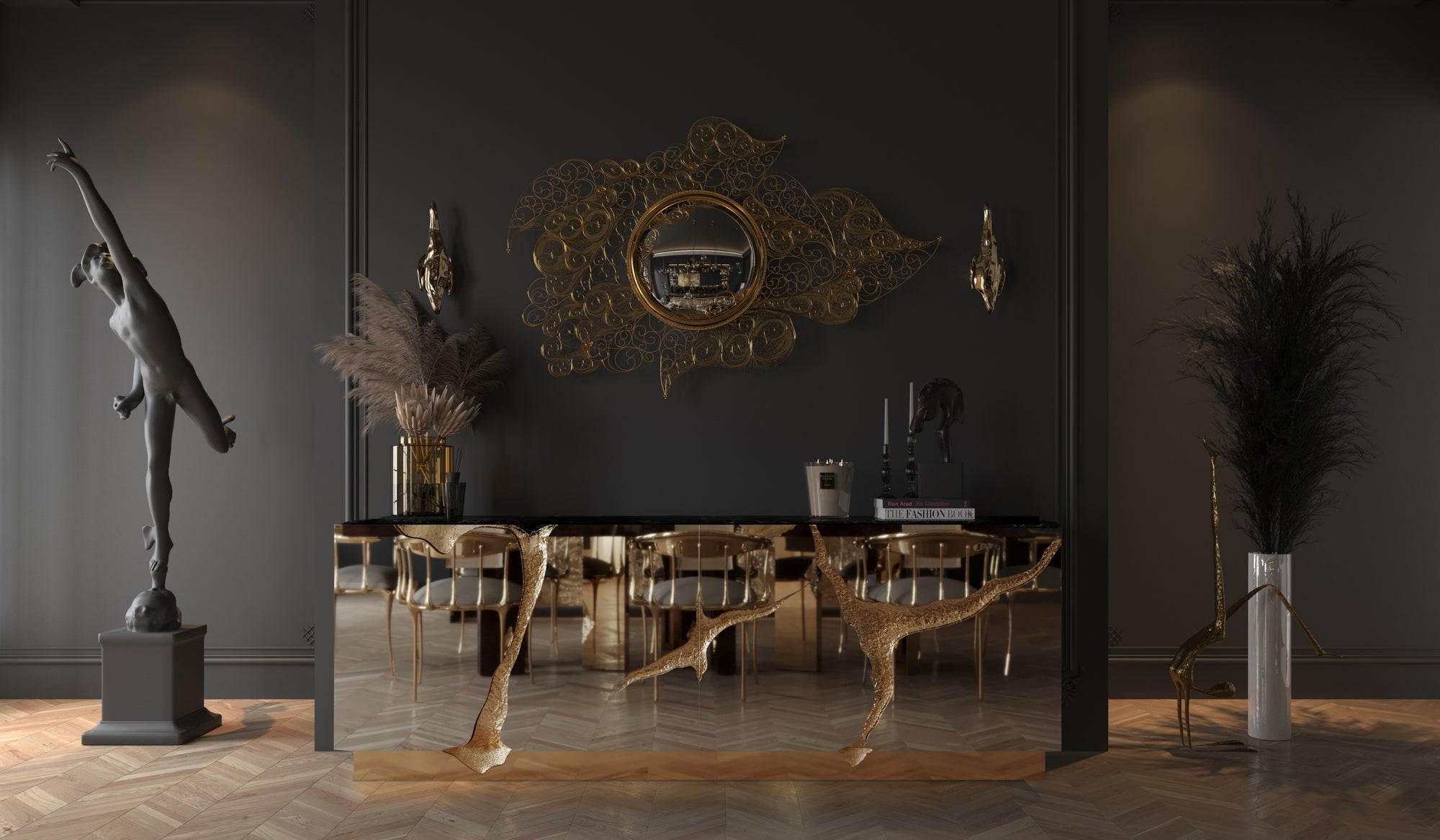 Lapiaz - Prestigious sideboard with mirror and brass finish