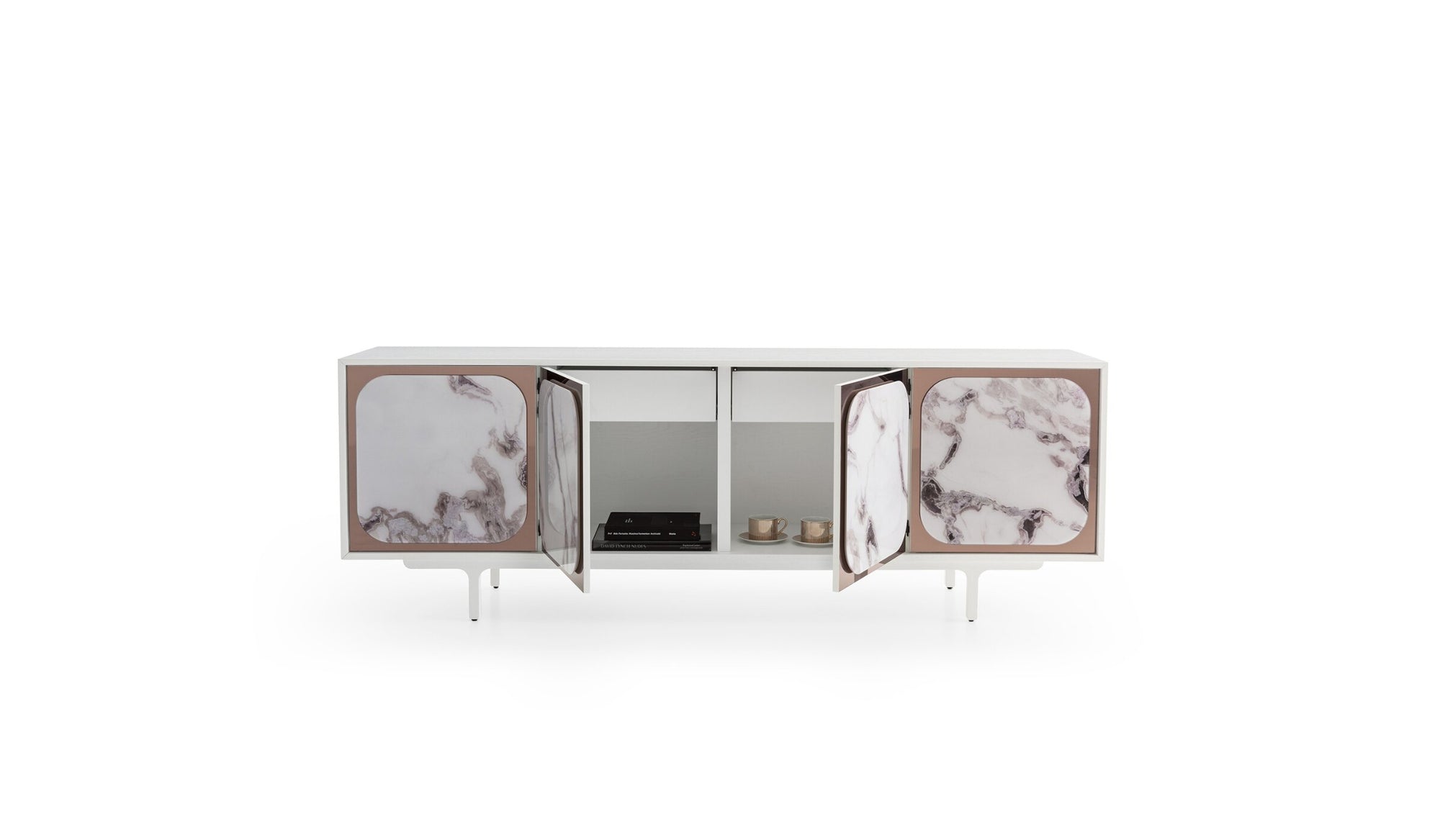 Margarette contemporary wooden sideboard, 4 doors, white oak &amp; marble effect glass