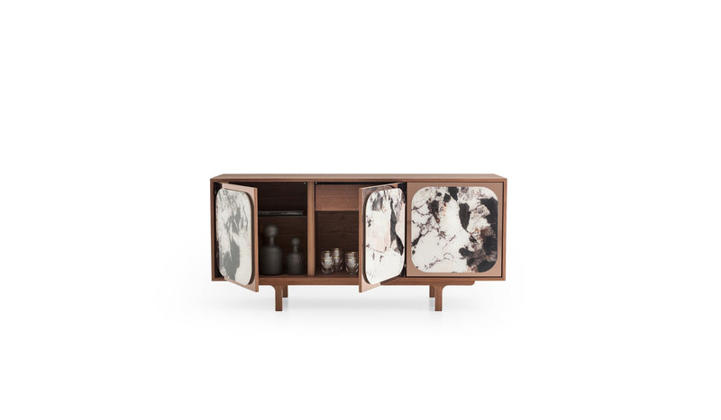 Margarette Contemporary Wooden Sideboard, 3 Doors, Walnut &amp; Patagonia Marble Effect Glass