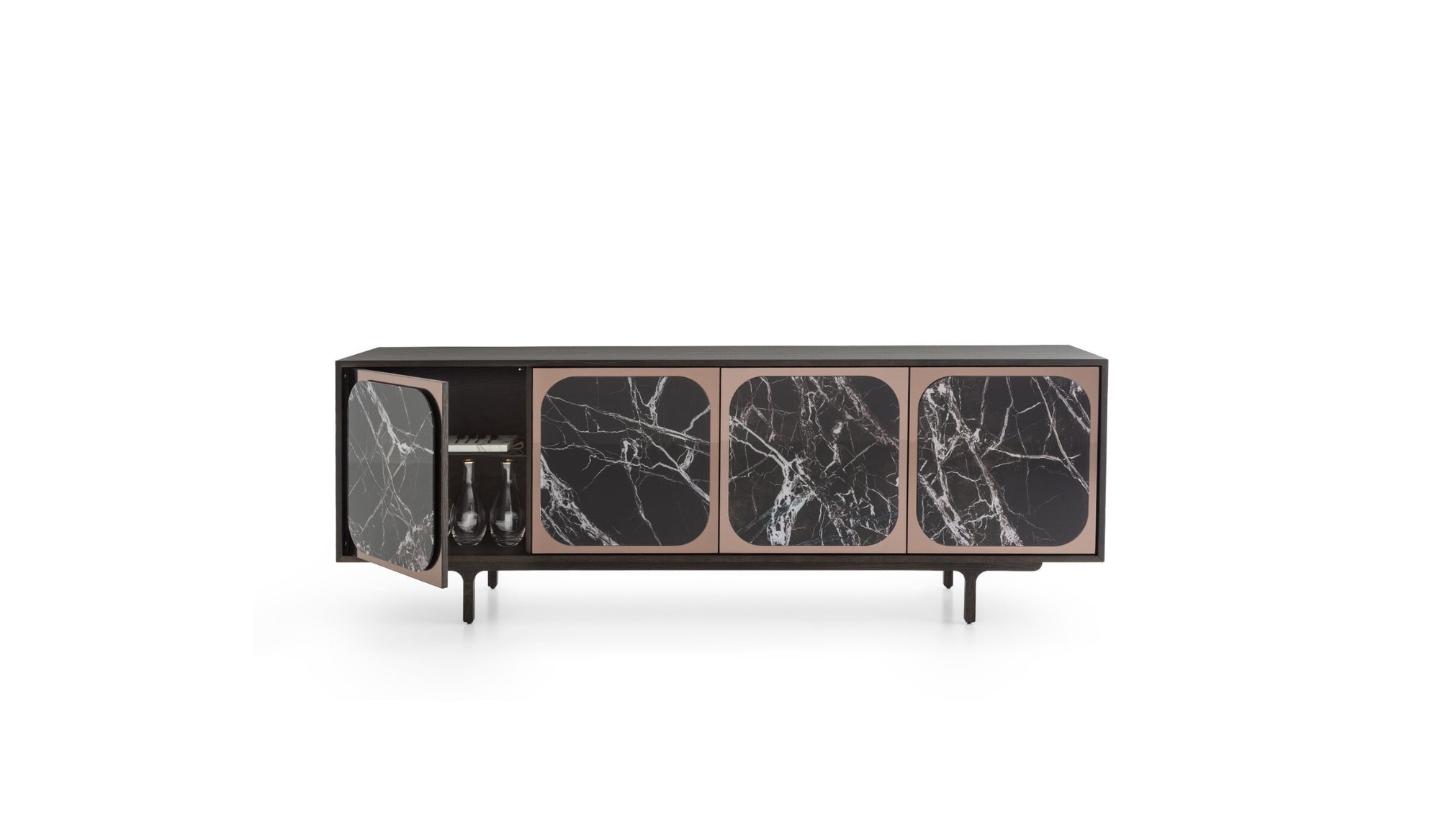 Margarette contemporary wooden sideboard, 4 doors, oak &amp; marble effect glass