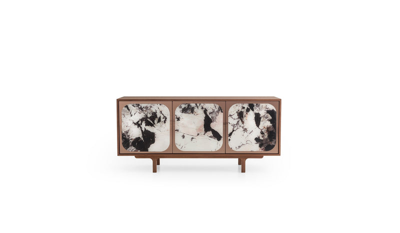 Margarette Contemporary Wooden Sideboard, 3 Doors, Walnut &amp; Patagonia Marble Effect Glass