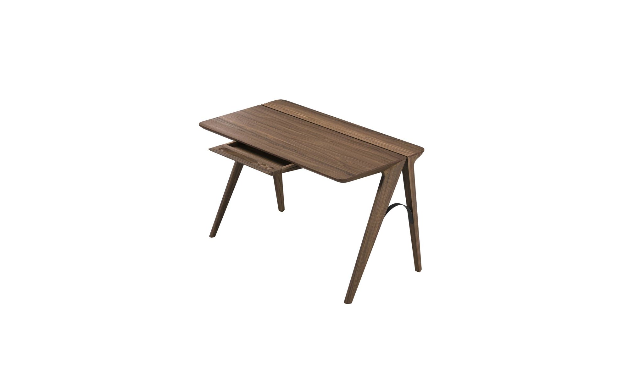 Bureau Bridge en bois massif de Wewood, modèle noyer, vue en angle avant gauche avec plongée sur fond blanc.