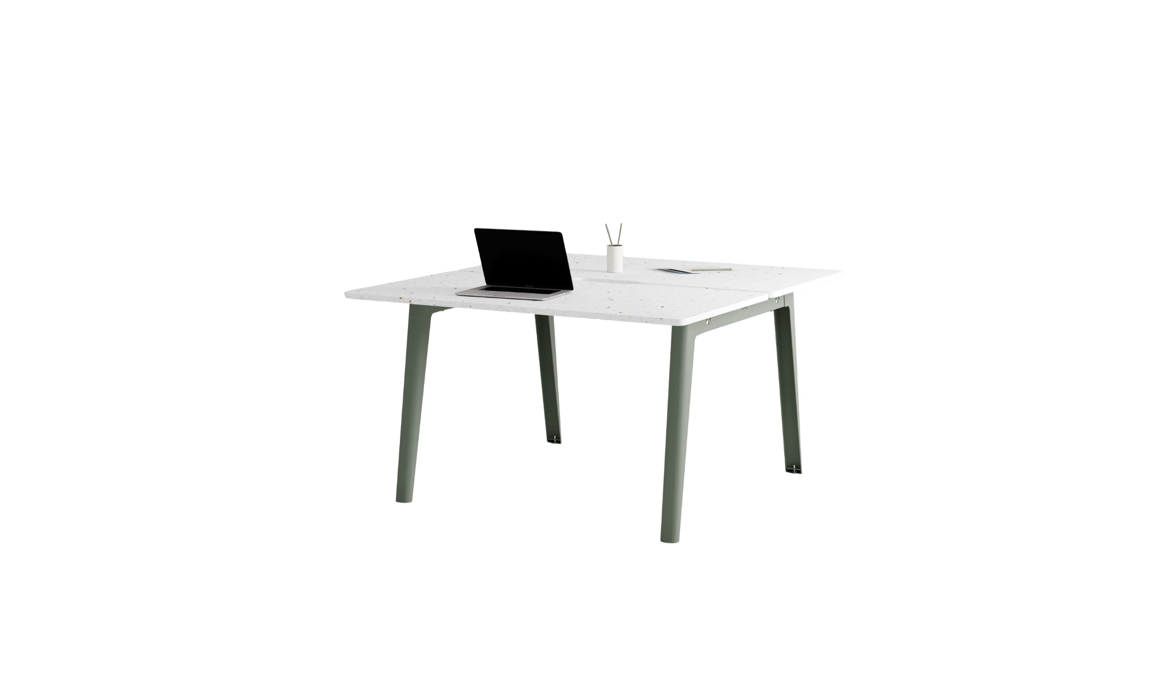 Bureau partagé New Modern, 130x140cm, plastique recyclé blanc et acier gris eucalyptus