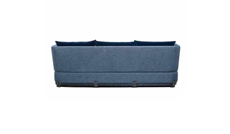 Contemporary design sofa Ida, blue velvet and black oak