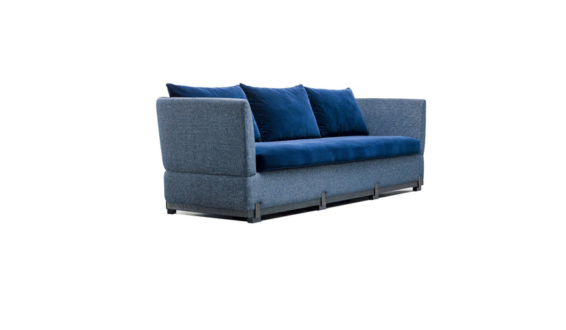 Contemporary design sofa Ida, blue velvet and black oak