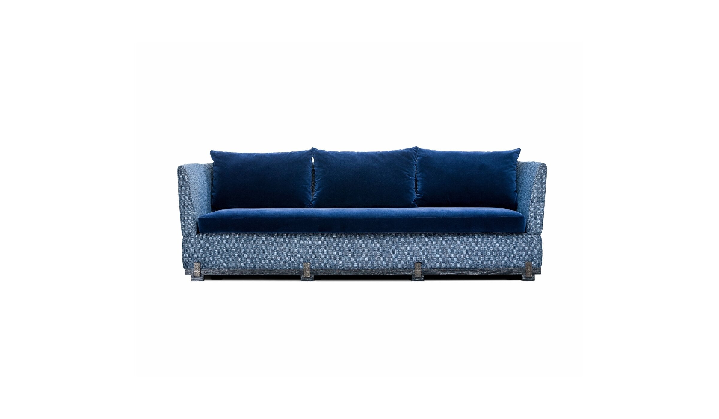 Contemporary design sofa Ida, blue velvet and black oak