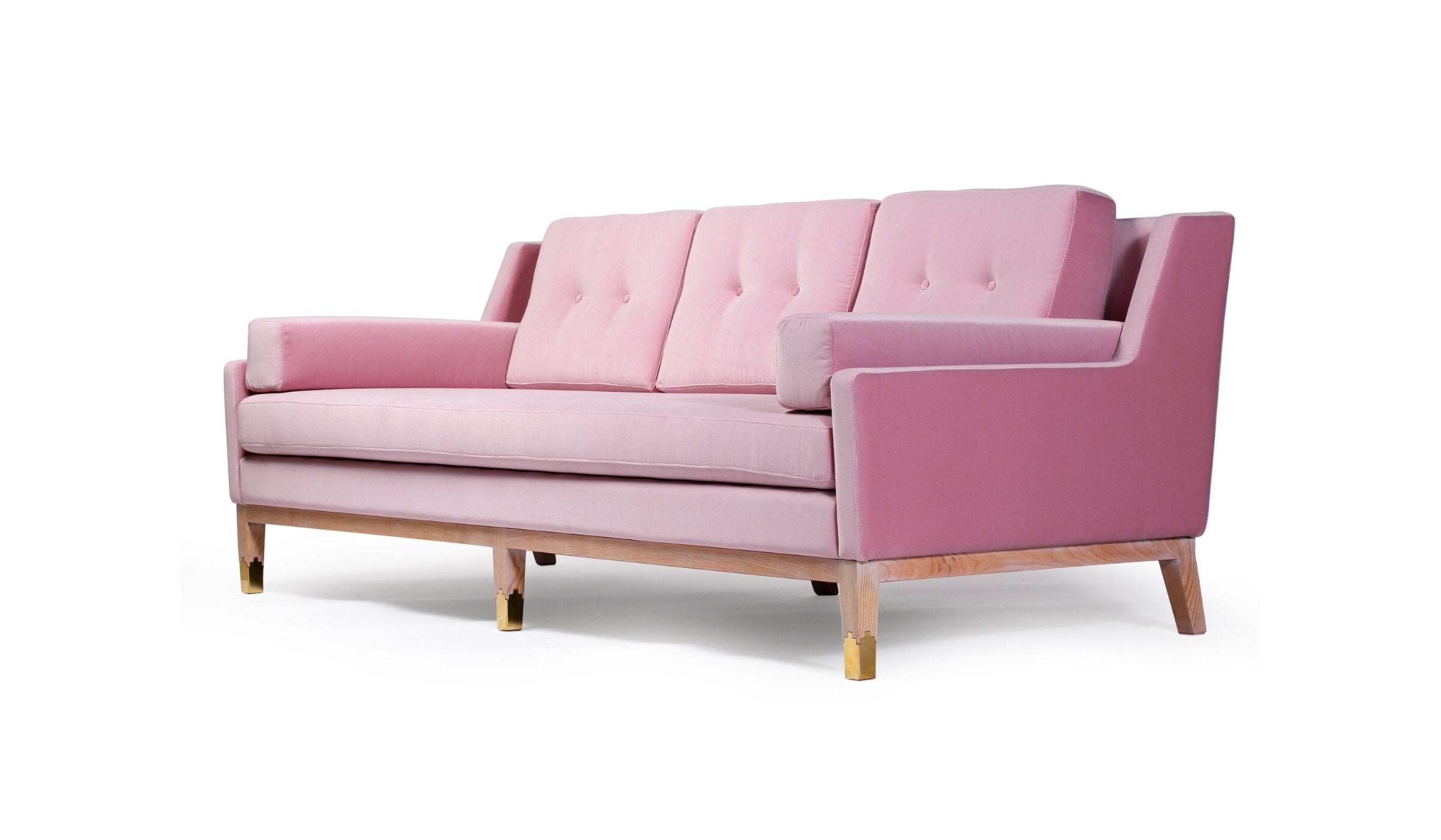 Mr. Jones upholstered sofa, in exceptional fabric, pink, whitewashed oak and brass