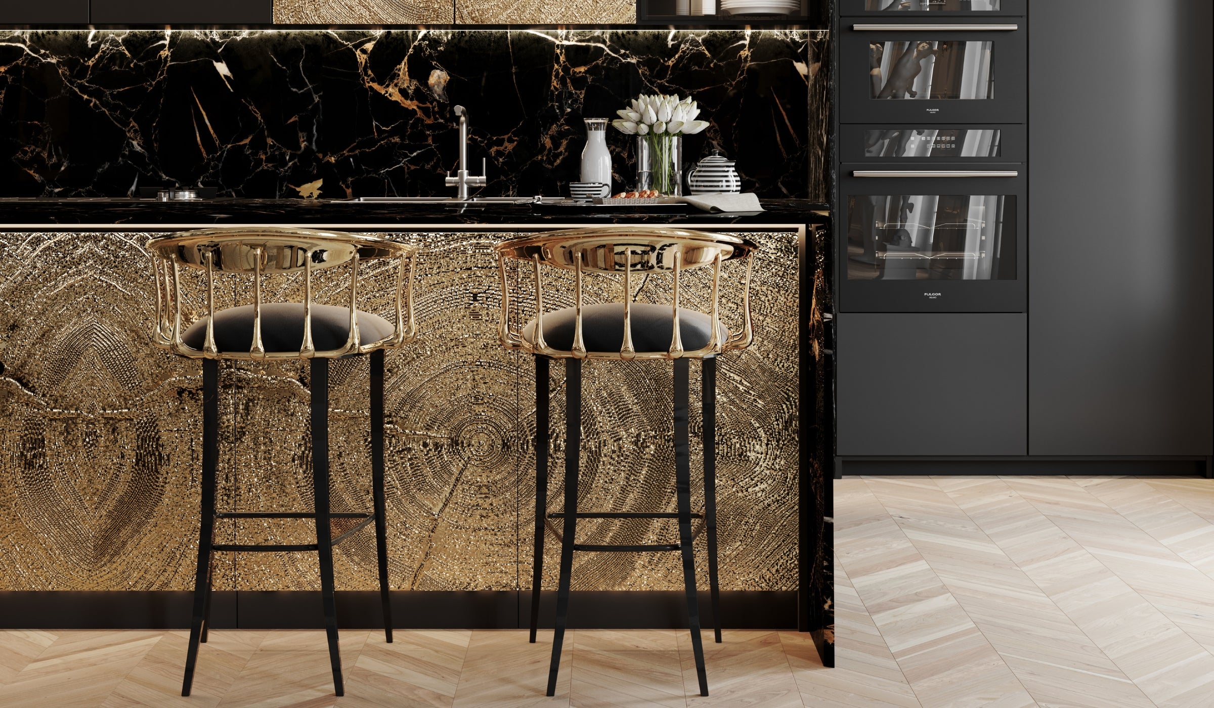 N°11 - Surrealist design bar chair in brass and black velvet
