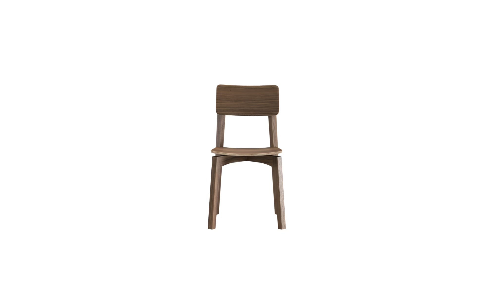 Chaise Ericeira en bois massif de noyer, vue avant centrée, assise légèrement incurvée et dossier large, fond blanc.