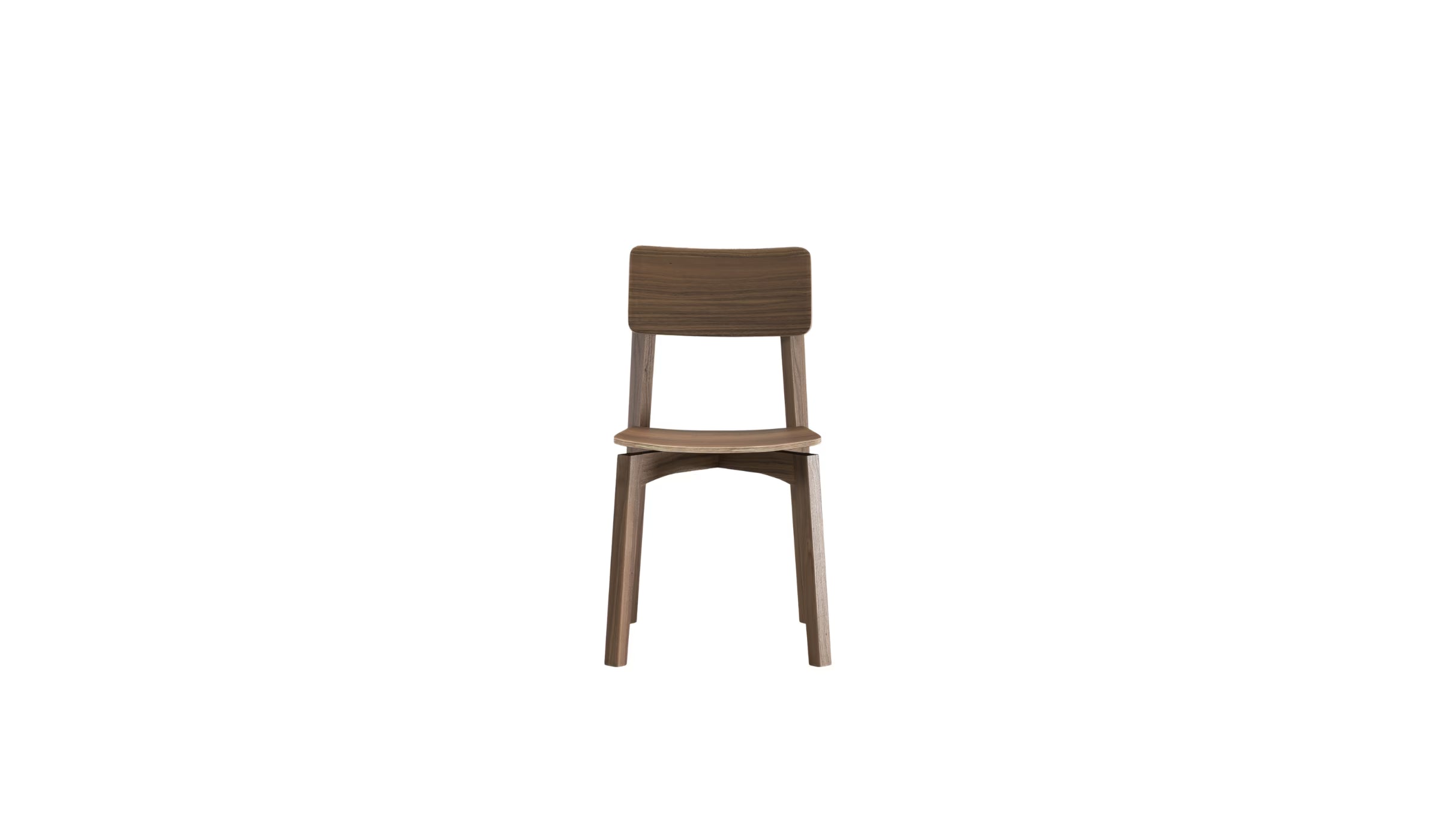 Chaise Ericeira en bois massif de noyer, vue avant centrée, assise légèrement incurvée et dossier large, fond blanc.