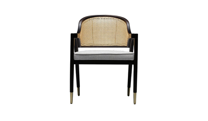 Wormley dining chair, in sycamore wood, brass and fabric