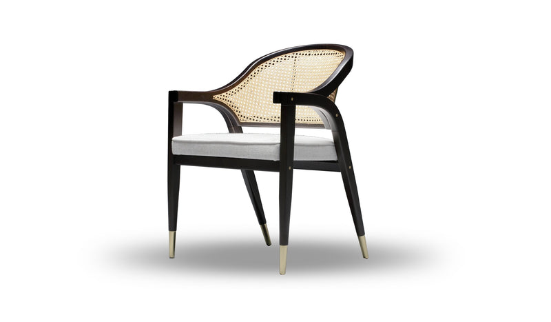 Wormley dining chair, in sycamore wood, brass and fabric