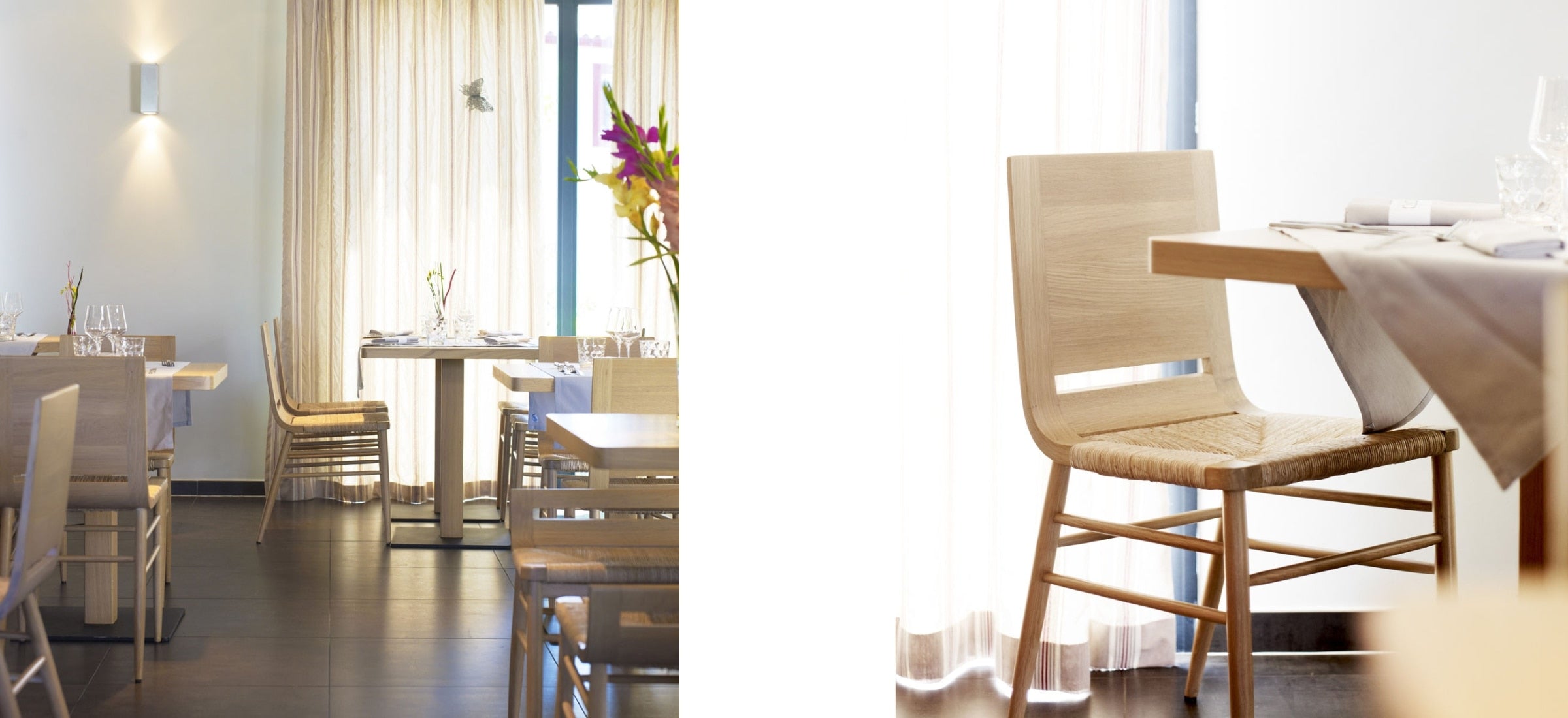 Chaises Kimua en chêne et assise en paille tressée, Alki, autour de tables dressées dans un restaurant lumineux avec rideaux en lin