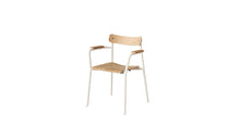 Etude chair with armrests, natural oak and cream white steel