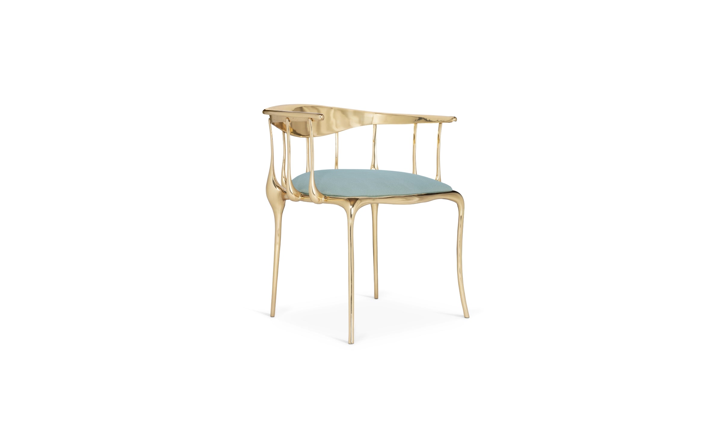 N°11 - Chaise design surréaliste en laiton doré et velours bleu ciel
