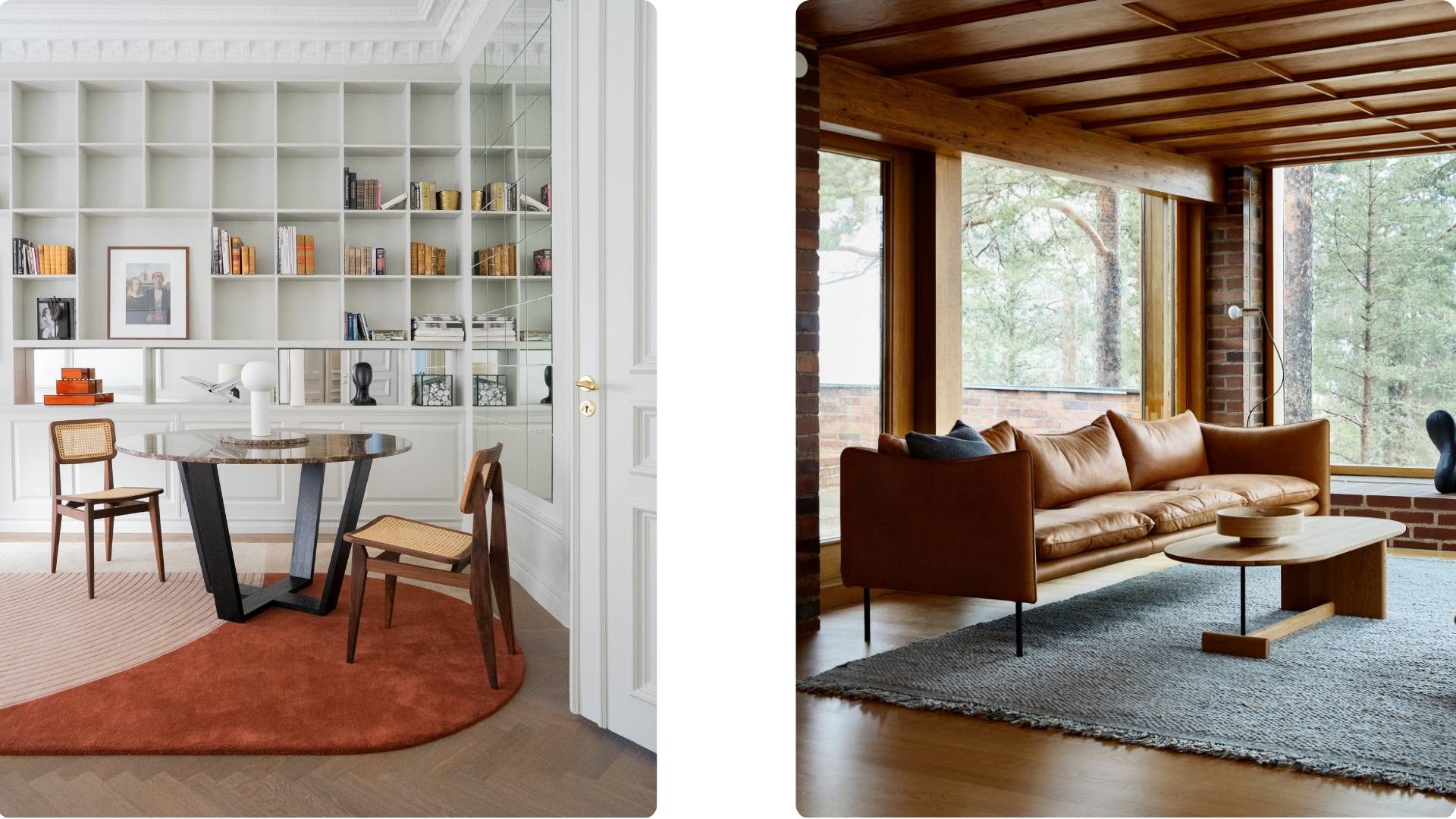 À gauche : coin lecture avec table ronde et chaises cannées. À droite : salon en cuir caramel avec vue sur la forêt.