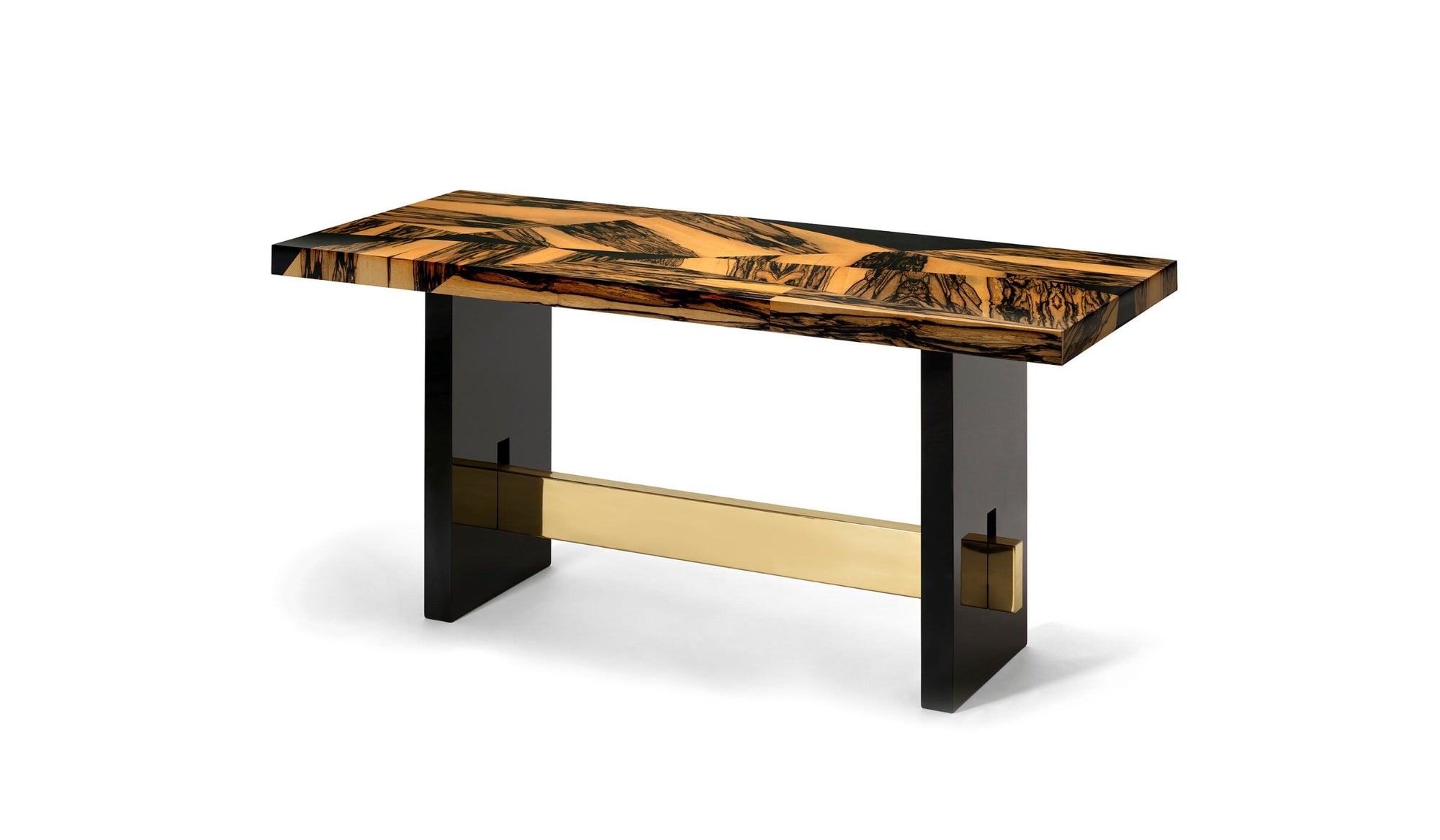 Geometry marquetry console, customizable with brass details