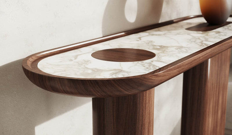 Creta - Canaletto walnut console and Arabescato white marble insert