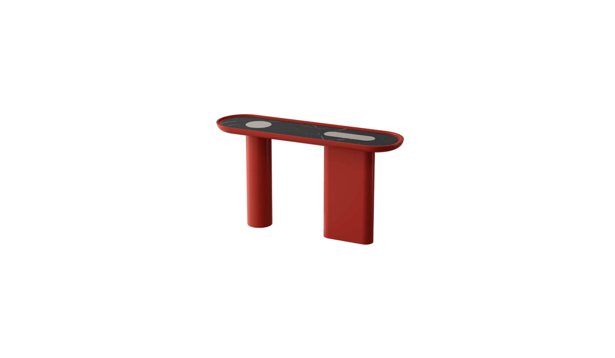 Creta - Console laquée rouge corail avec insert en marbre Nero Marquina et inox satiné