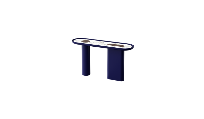 Creta - Midnight blue lacquered console with Nero Marquina marble and satin stainless steel insert