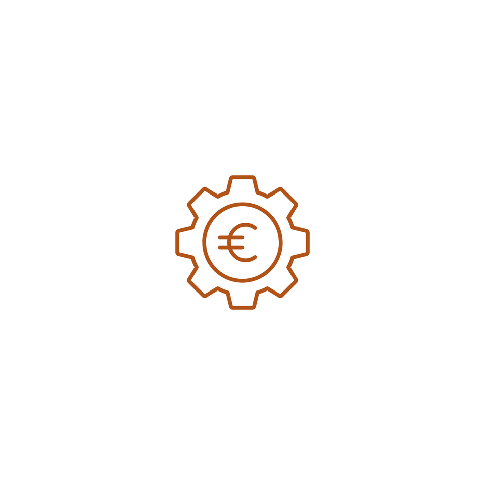 Icône orangée représentant un engrenage avec un symbole euro au centre, sur fond blanc, évoquant les dépenses ou la gestion.