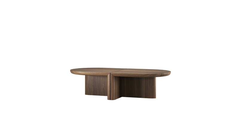 Ensemble de 2 table basse Re-Form de Wewood en noyer massif, vue de 3/4 sur fond blanc