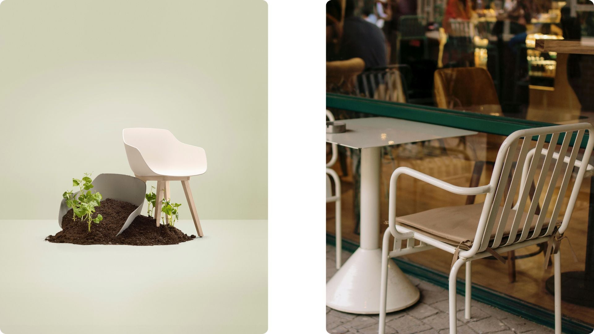 À gauche, chaise éco-conçue posée sur de la terre et des jeunes pousses ; à droite, chaise de terrasse blanche vintage.