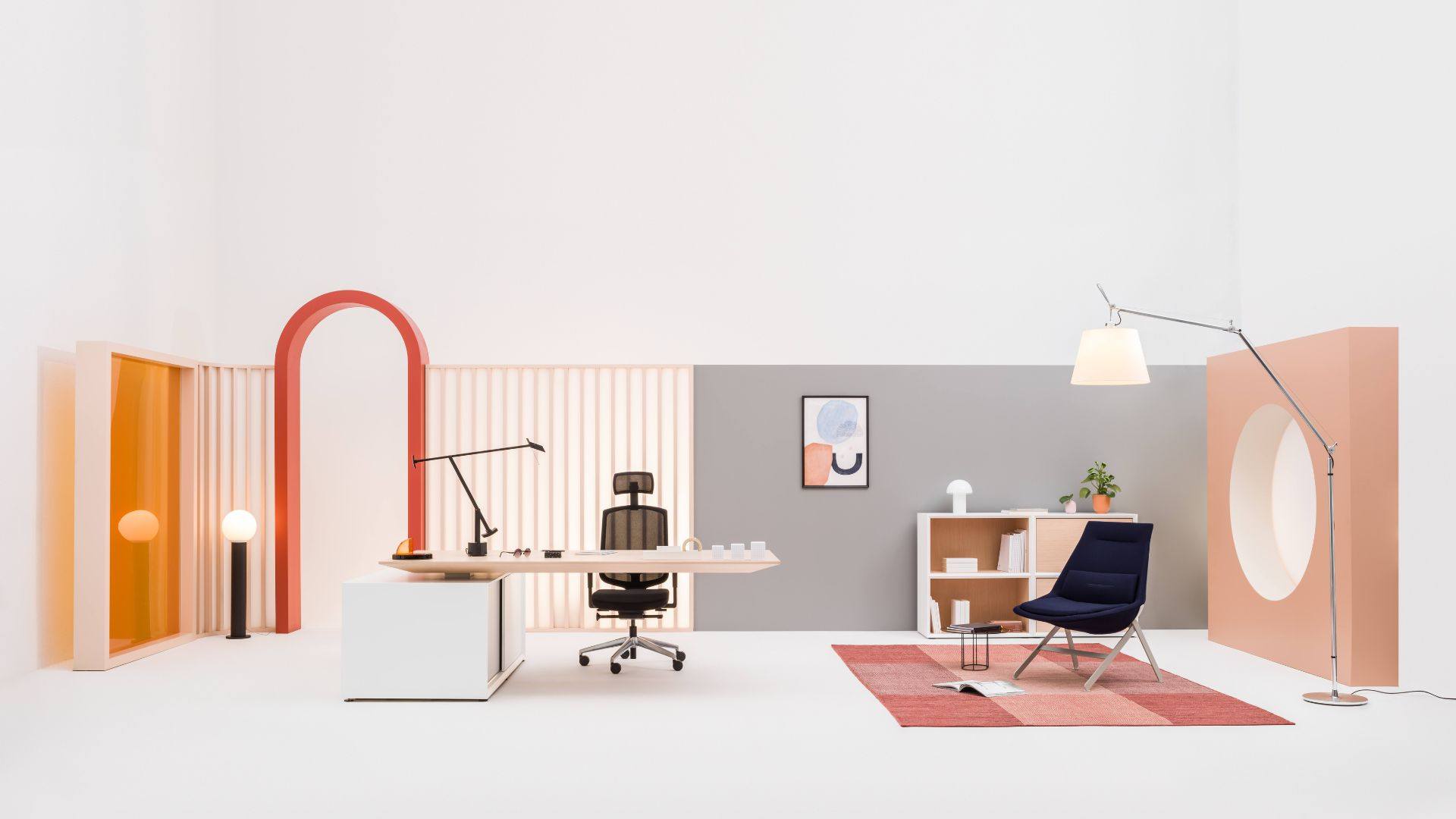 Espace de travail ergonomique et confortable avec bureau design, fauteuil de travail réglable, coin détente et éclairage doux dans un univers coloré.