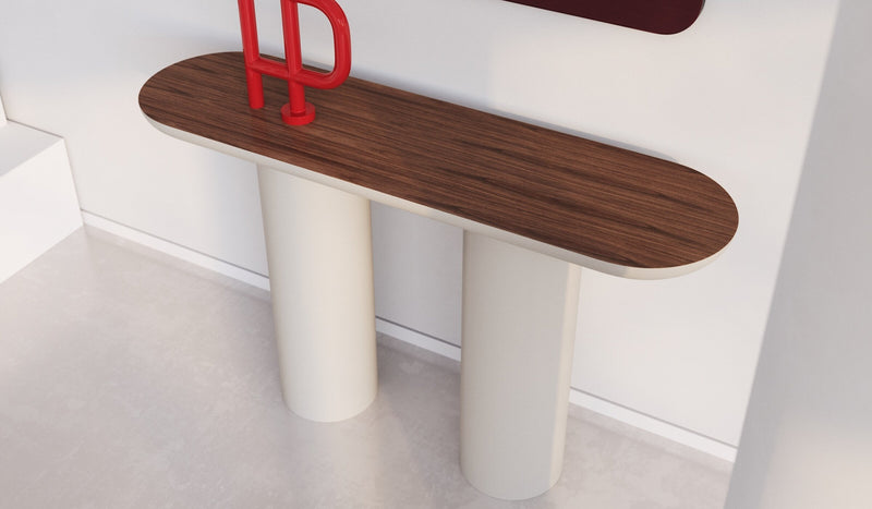 Eva - Sleek greige designer console, matt lacquered with walnut finish