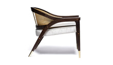 Wormley contemporary armchair, in sycamore wood, brass and fabric