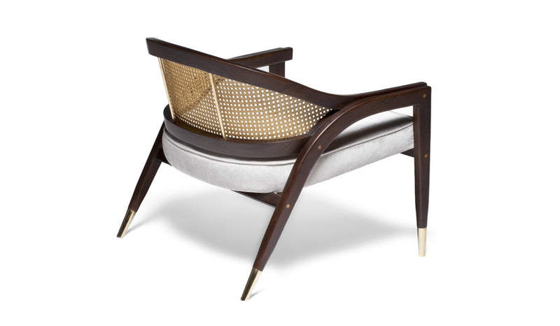 Wormley contemporary armchair, in sycamore wood, brass and fabric