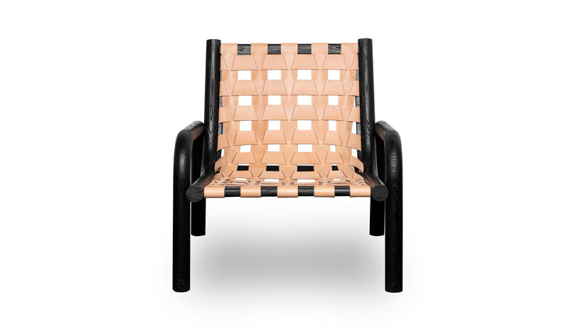 Ginga designer armchair, beige leather and solid black oak