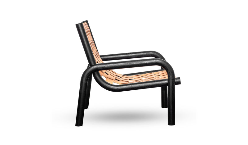 Ginga designer armchair, beige leather and solid black oak