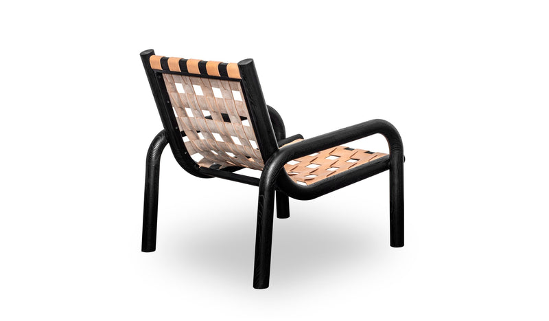 Ginga designer armchair, beige leather and solid black oak