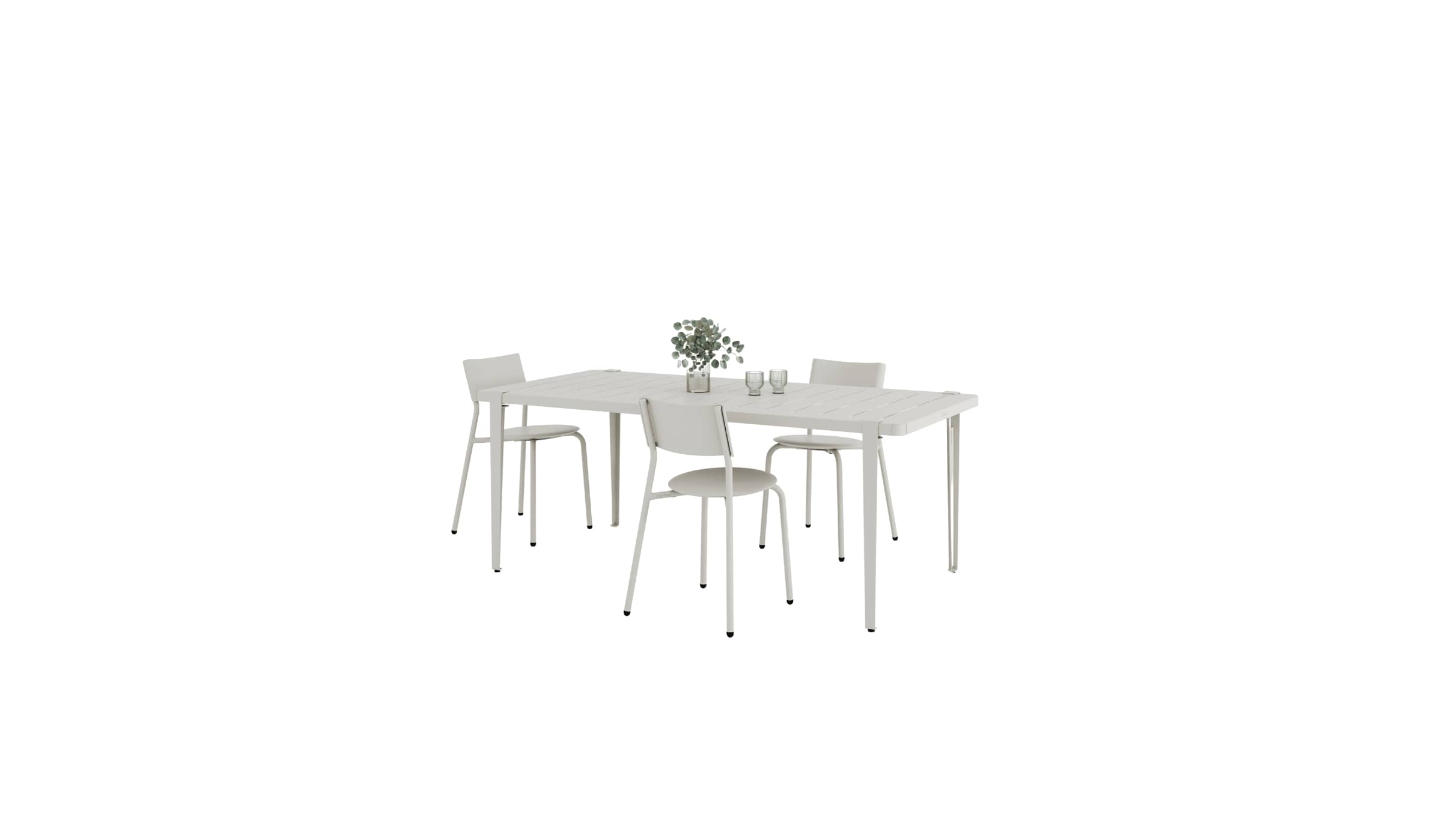 Ensemble de mobilier de jardin design, table rectangulaire et chaises en métal  et plastique recyclé gris clair Tiptoe.