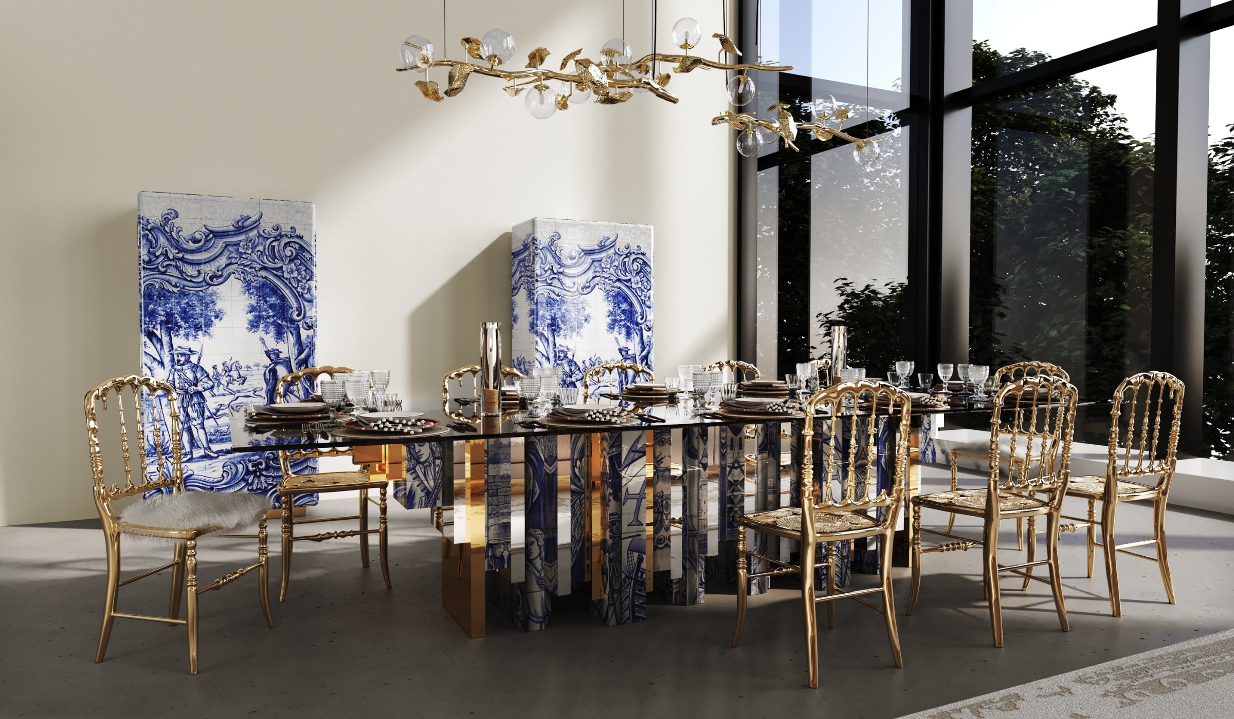 Heritage - Dining table in hand-painted Azulejo tiles, polished brass and tempered glass