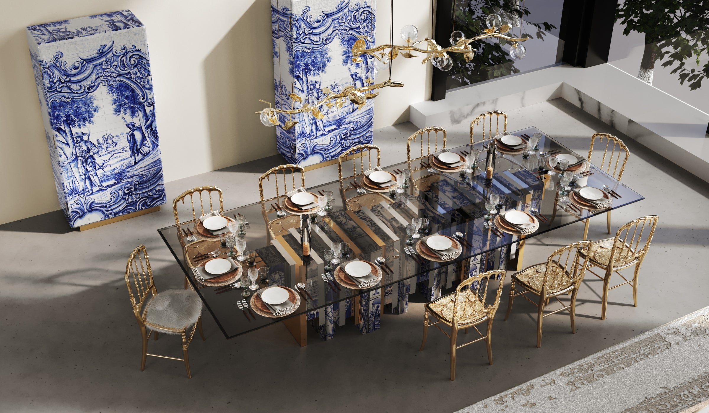 Heritage - Table de repas en carreaux Azulejos peints à la main, laiton poli et verre trempé