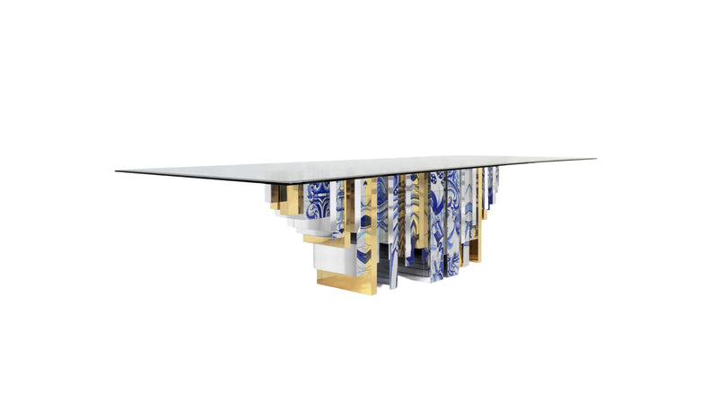 Heritage - Dining table in hand-painted Azulejo tiles, polished brass and tempered glass