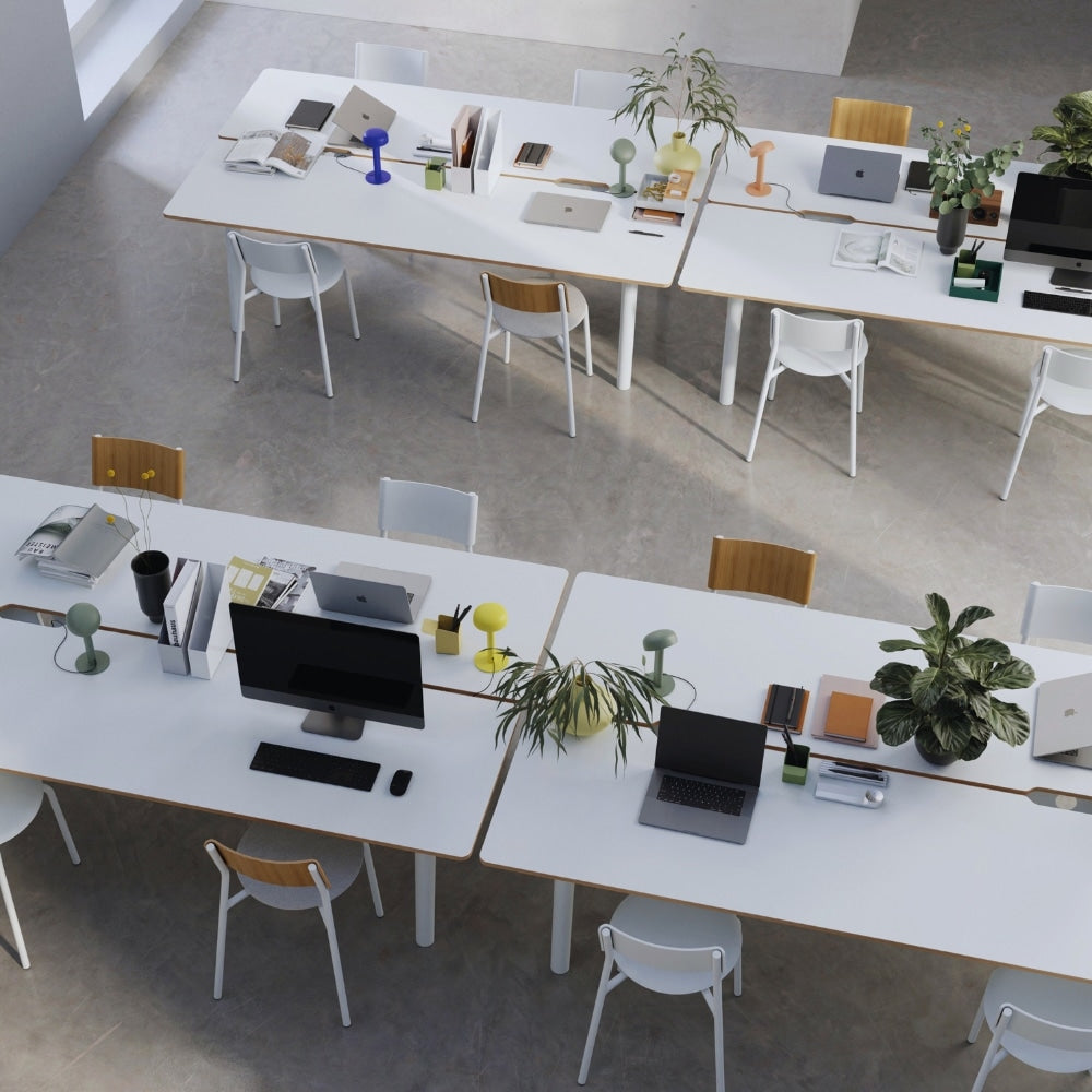 Vue d’ensemble d’un espace de travail avec plusieurs lampes Nod alignées sur des bureaux.